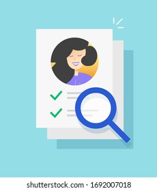 Personal interview data investigation document icon or recruitment test application with approval check mark list vector flat cartoon, human resources or resume research concept modern design