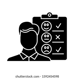 Persönliches Interview-Symbol. Fragebogen zur Umfrage. Kundendienstbewertung. Feedback. Mitarbeiterzufriedenheit. Emotionale Meinung. Silhouettensymbol. Negatives Leerzeichen. Vektorgrafik einzeln
