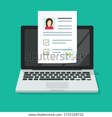 Personal interview online with skills data investigation document vector on computer laptop or internet digital recruitment test application with approval check mark list flat, human resources concept