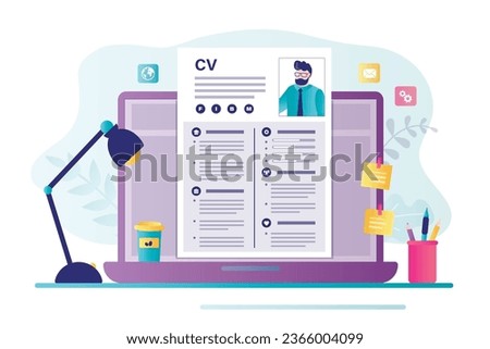 Personal interview online, skills data investigation document. Computer laptop with resume form. Internet digital recruitment test application, human resources concept. CV submit in network. vector