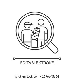 Personal interview survey linear icon. Face-to-face poll. Social research. Customer satisfaction. Feedback. Thin line illustration. Contour symbol. Vector isolated outline drawing. Editable stroke