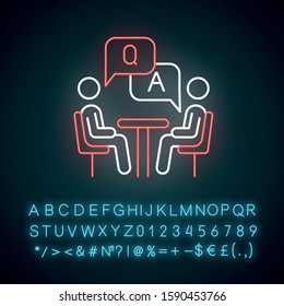 Personal interview survey neon light icon. Questions and answers poll. Social research. Customer satisfaction. Feedback. Glowing sign with alphabet, numbers and symbols. Vector isolated illustration