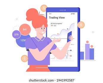 Personal investment. Mobile application for a trader. Character and big smartphone with graphs. Analysis of trends and dynamics of stock prices. Woman is holding the phone.Vector flat illustration.