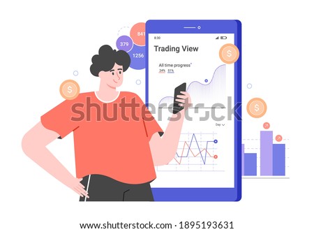 Personal investment. Mobile application for a trader. Character and big smartphone with graphs. Analysis of trends and dynamics of stock prices. Vector flat illustration.