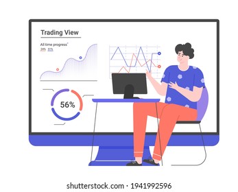 Personal investment. Web application for a trader. Character and big monitor with graphs. Analysis of trends and dynamics of stock prices. Man with computer.Vector flat illustration.