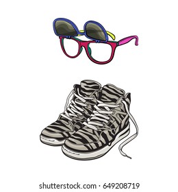 Personal items from 90s - high sneakers, wayfarer sunglasses with removable lenses, sketch vector illustration isolated on white background. Retro fashion - high sneakers, removable lens sunglasses