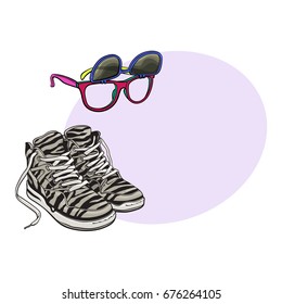 Personal items from 90s - high sneakers, wayfarer sunglasses with removable lenses, sketch vector illustration with space for text. Retro fashion - high sneakers, removable lens sunglasses