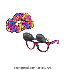 Personal items from 90s - wayfarer sunglasses with removable lenses and scrunchie hair tie, sketch vector illustration isolated on white background. Retro sunglasses and fabric covered hair band