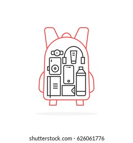 personal items inside thin line backpack. concept of simple haversack for hipster or young man and collection of objects for life. stroke flat style trend urban logotype graphic art design on white