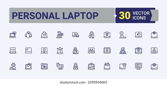 Personal Laptop modern icons set. Contain linear outline icons website, tablet, office, element, book and more. Thin outline icons pack. Solid line editable stroke. Vector line and solid icons.