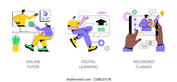 Personal Learning Abstract Concept Vector Illustration Set. Online Tutor, Digital Learning, Recorded Classes, Video Call, Webinar, Smart Classroom, Training Courses, Elearning Abstract Metaphor.