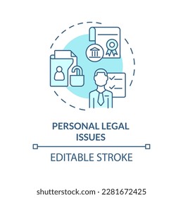 Icono de concepto azul sobre cuestiones jurídicas personales. Servicio de abogados. Ilustración de la delgada línea de la idea abstracta de la ley y la cuestión jurídica. Dibujo de contorno aislado. Trazo editable. Fuentes Arial, Myriad Pro-Bold utilizadas