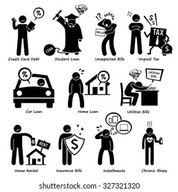 Personal Liabilities - Debt, Loan, Bills, Taxes, Rental, Installments, And Medical Payment Of Stick Figure Pictogram Icons