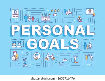 Personal lifetime goals word concepts banner. Life dreams and aspirations. Smart planning. Infographics with linear icons on blue background. Isolated typography. Vector outline RGB color illustration