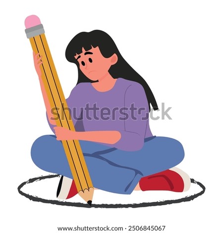 Personal limits and loneliness concept. Frustrated young cartoon character sitting in small circle drawing with pencil, vector illustration with white background.
