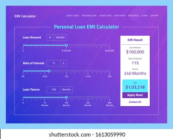 Personal Loan Every Month Installment Calculator Web Page User Interface. Dark User Interface. 