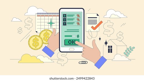 Personal loan and financial debt application tiny person neubrutalism concept. Write online documentation with interest rate calculation, money percentage cost and payment dates vector illustration.