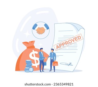 personal loan or financial support concept. Businessman shaking hand with loan agreement and money bag. Loan agreement borrow money from bank, flat vector modern illustration