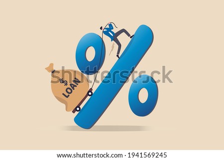 Personal loan interest rate, finance risk, debt or mortgage to pay back, credit or monetary policy concept, man trying hard to pulling heavy money bag labeled as loan up the hill on percentage sign.