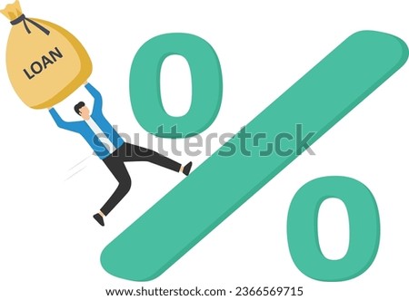 Personal loan interest rate, Finance risk, Debt or mortgage to pay back, Credit or monetary policy, Trying hard to pull heavy money bags, Loan up the hill on percentage sign

