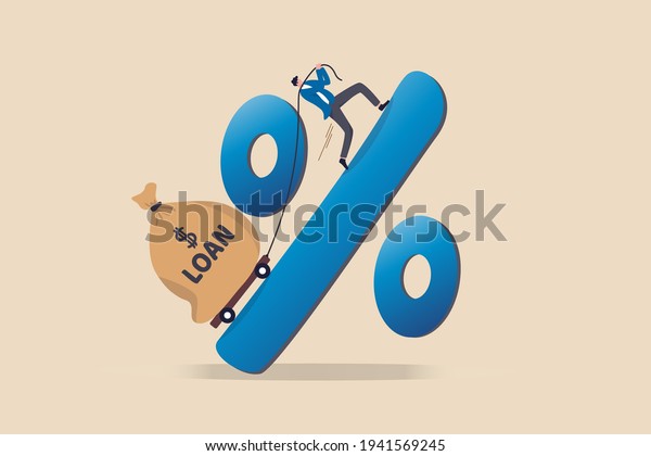 Personal loan interest rate, finance risk, debt or\
mortgage to pay back, credit or monetary policy concept, man trying\
hard to pulling heavy money bag labeled as loan up the hill on\
percentage sign.