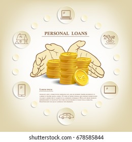 Personal Loans Illustration With Coins And Hands. Vector Consumer Credit Marketing Template.