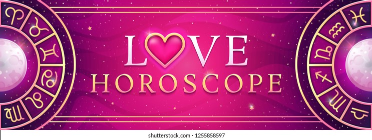 Personal love horoscope prediction on magic colors background. Asrtology horizontal banner. Vector illustration