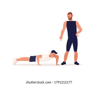 Personal male coach and client guy at training vector flat illustration. Man performing push ups or physical exercise with trainer support isolated. People enjoy sports and healthy lifestyle