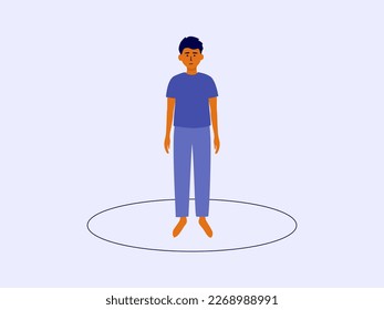 Personal man boundaries, area or space concept. Isolated male standing inside drawn circle. Self isolation, dividing line. Separate single guy vector illustration. Social distance, border. Locked boy