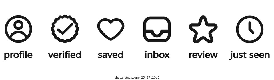 Personal media social menu icon set. Flat icon from the social media menu in the form of a profile. verification, saved, rating and last seen. Vector illustration of social media menu in transparent.