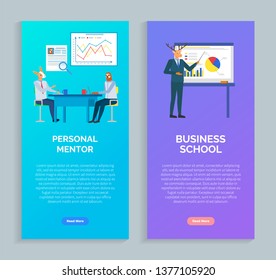 Personal mentor and business school, hipster animal rabbit and sloth teamwork in office, deer presentation of chart and diagram, research vector. Website or webpage template, landing page flat style