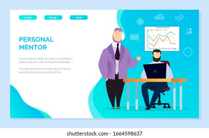 Personal mentor for man working on laptop. Male learning new material consulting with coach or tutor. Personage improving working skills on courses. Website or webpage template, landing page vector