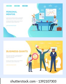 Personal mentor vector, deer giving advice to student, business giants tiger with megaphone hipster animal with magnifying glass, sloth on meeting. Website or webpage template, landing page flat style