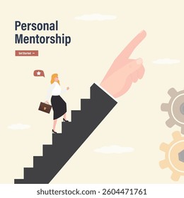 Personal mentorship. Ambitious business woman climbing on stairs to right way, giant hand pointing direction. Motivation to achieve goal, win to motivate employee to succeed in work. flat vector