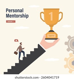 Personal mentorship. Ambitious businessman climbing on stairs to reach trophy cup in giant hand. Motivation to achieve goal, win to motivate employee to succeed in work, effort to reach target concept