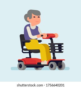 Personal mobility and barrier free environment concept vector illustration. Cheerful old woman riding an electric powered wheelchair