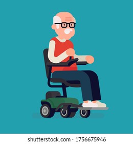 Personal mobility and barrier free environment concept vector illustration with cheerful old man riding a powerchair with joystick controller on armrest