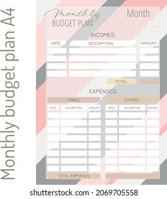 Personal monthly budget planner in a4 format. Finance, income and expenses.
