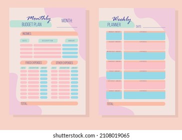 Personal monthly and weekly budget planner in a4 format. Finance, income and expenses.