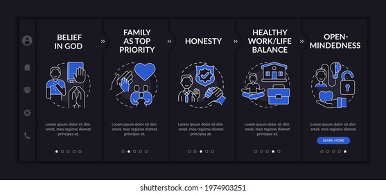 Personal morality onboarding vector template. Responsive mobile website with icons. Web page walkthrough 5 step screens. Honesty, open-mindedness night mode concept with linear illustrations