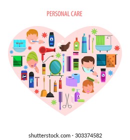 Personal morning care products set for romantic valentine day in heart form poster flat abstract  vector illustration