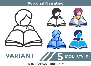 Personal Narrative icon for representing life story systems, identity storytelling processes, and personal meaning concepts. Line, Filled, Color, Dualtone style.