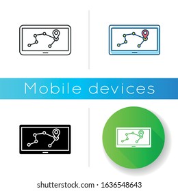 Personal navigation assistant icon. Navigator. PNA. GPS system. Portable electronic gadget. Mobile device. Positioning. Technology. Linear black and RGB color styles. Isolated vector illustrations