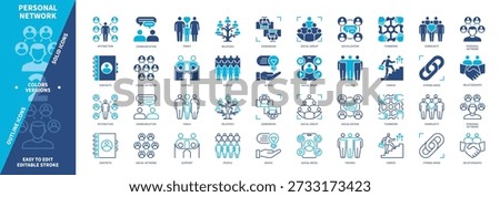 Personal Network icon set. Family, Relationship, Teamwork, Strong Bond, Community, Contacts, Social Media, Support. Duotone color solid and editable outline icons