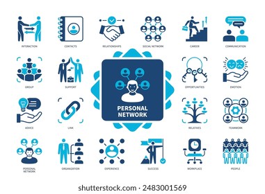 Symbol für persönliches Netzwerk gesetzt. Interaktion, Beziehung, Menschen Organisation, Erfahrung, Kontakte, Kommunikation, Karriere. Zweifarbige Volltonsymbole