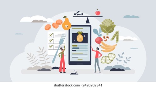 Personal nutrition couching with dietary advice trainer tiny person concept. Weight loss program instructor with food calories counting app vector illustration. Coach for slimming and well being.