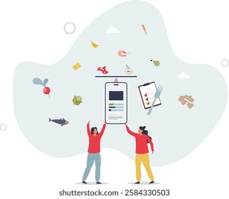 Personal nutrition couching with dietary advice trainer.Weight loss program instructor with food calories counting app .flat character life .