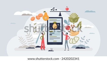 Personal nutrition couching with dietary advice trainer tiny person concept. Weight loss program instructor with food calories counting app vector illustration. Coach for slimming and well being.