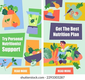 Personal nutritionist support, get best nutrition plan, read more. Dieting and nourishment, healthy lifestyle and veggies consumption. Promotional banner or service advertisement. Vector in flat style