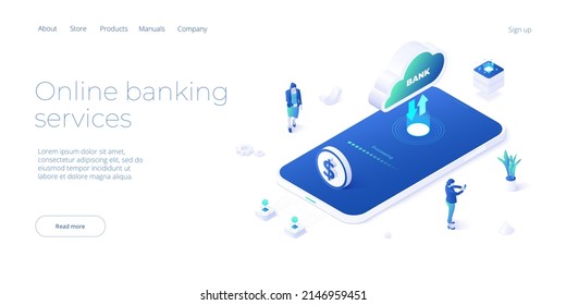 Personal online banking and internet money transaction concept in isometric vector design. Payment transfer or deposit and investment. Web banner layout template.